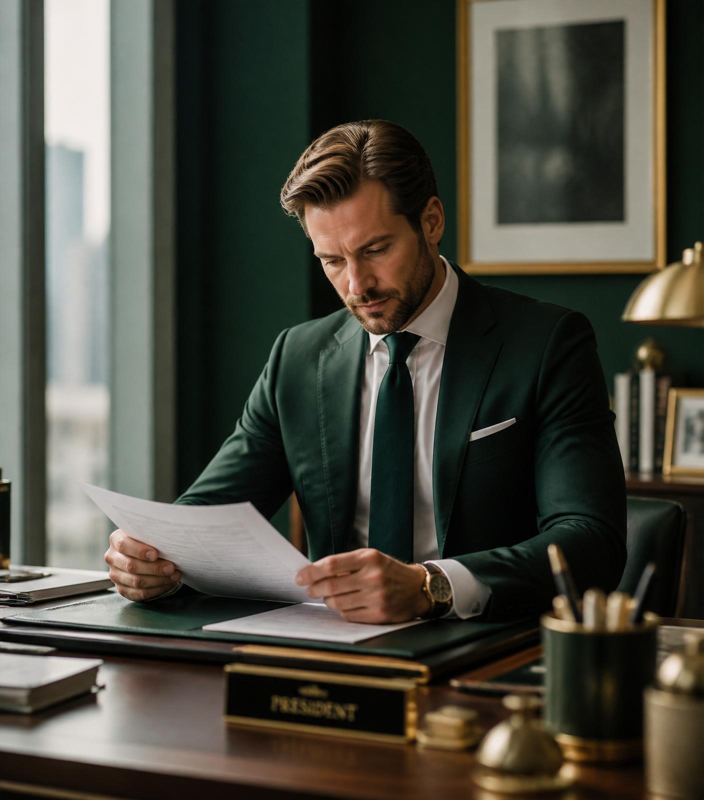 Founder reviewing strategy in an executive office