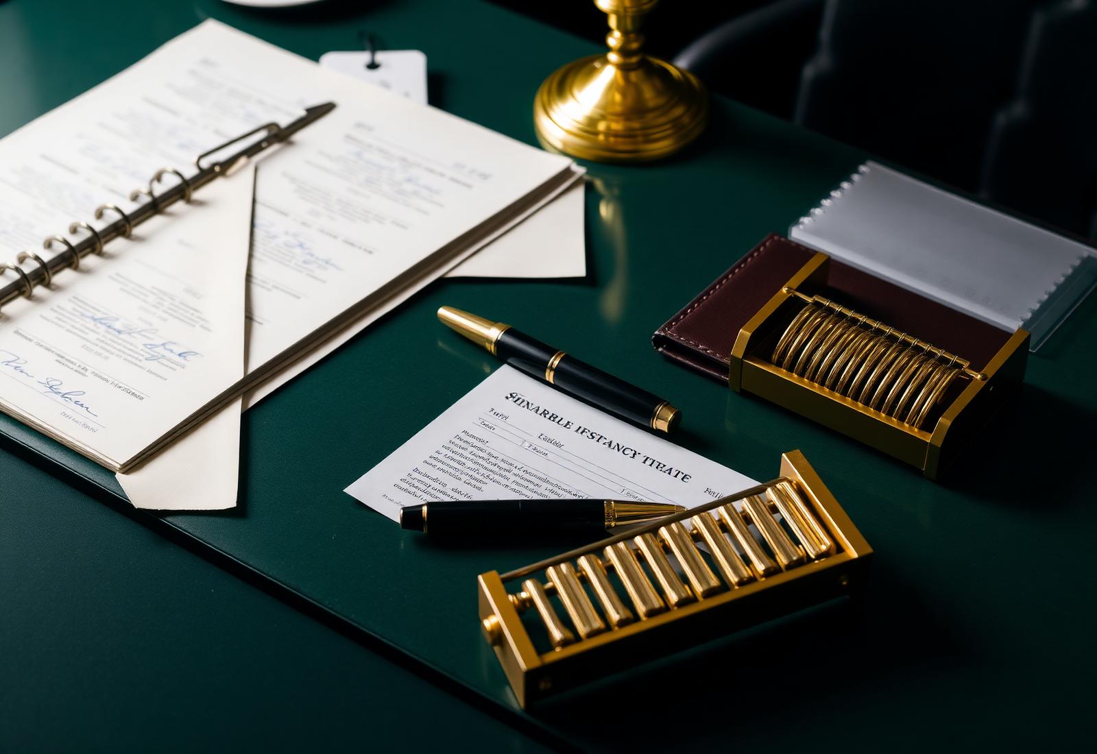 Financial planning desk with ledger, pen and abacus